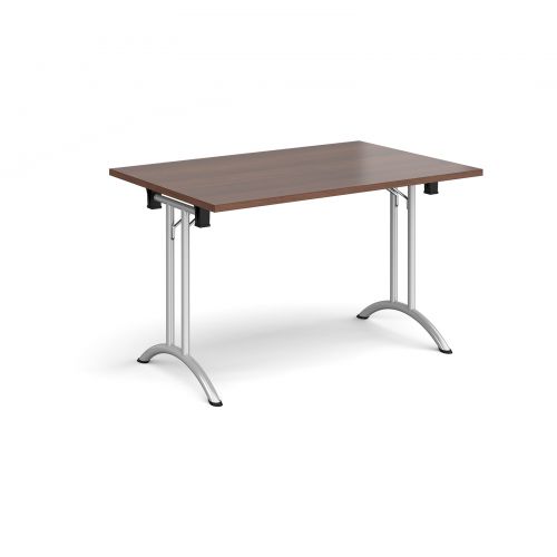 Rectangular folding leg table with silver legs and curved foot rails 1200mm x 800mm - walnut