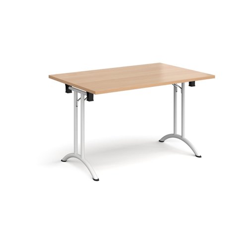 Rectangular folding leg table with white legs and curved foot rails 1200mm x 800mm - beech CFL1200-WH-B Buy online at Office 5Star or contact us Tel 01594 810081 for assistance