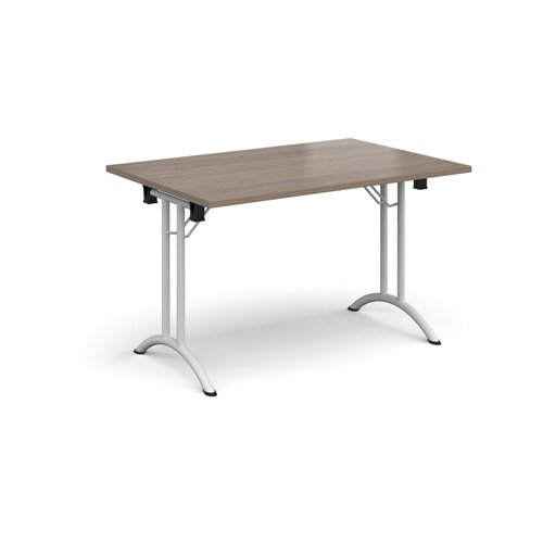 Rectangular folding leg table with white legs and curved foot rails 1200mm x 800mm - Barcelona Walnut