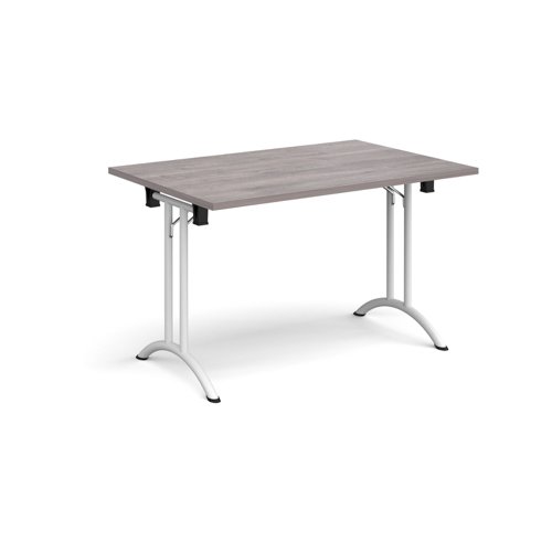Rectangular folding leg table with white legs and curved foot rails 1200mm x 800mm - grey oak