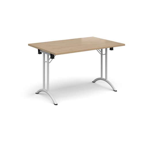 Rectangular folding leg table with white legs and curved foot rails 1200mm x 800mm - Kendal Oak