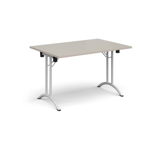 Rectangular folding leg table with white legs and curved foot rails 1200mm x 800mm - Light Grey