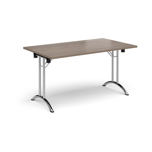 Rectangular folding leg table with chrome legs and curved foot rails 1400mm x 800mm - Barcelona Walnut