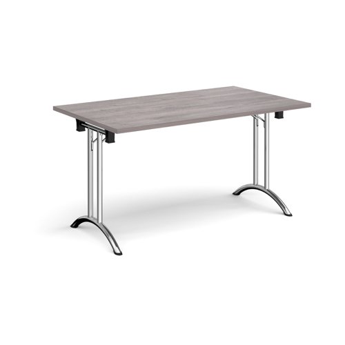 Rectangular folding leg table with chrome legs and curved foot rails 1400mm x 800mm - grey oak