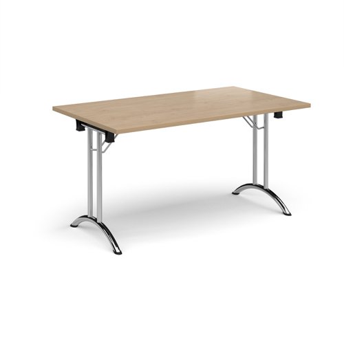 Rectangular folding leg table with chrome legs and curved foot rails 1400mm x 800mm - Kendal Oak