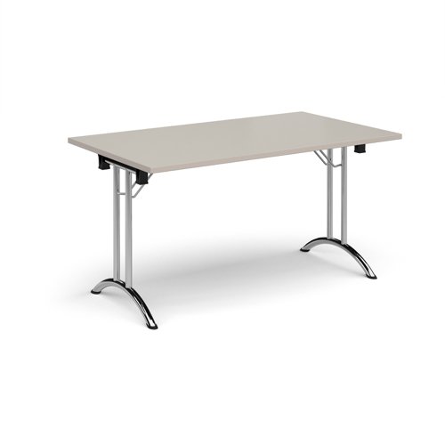 Rectangular folding leg table with chrome legs and curved foot rails 1400mm x 800mm - Light Grey