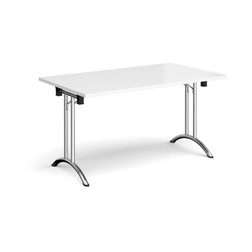 Rectangular folding leg table with chrome legs and curved foot rails 1400mm x 800mm - white