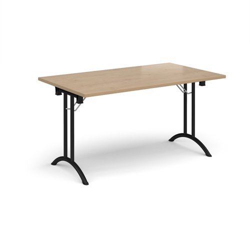 Rectangular folding leg table with black legs and curved foot rails 1400mm x 800mm - Kendal Oak