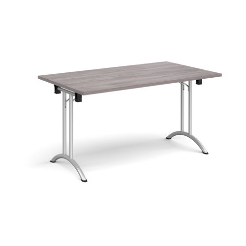 Rectangular folding leg table with silver legs and curved foot rails 1400mm x 800mm - grey oak