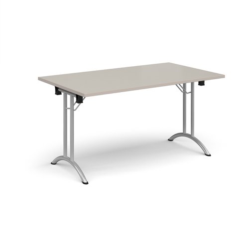 Rectangular folding leg table with silver legs and curved foot rails 1400mm x 800mm - Light Grey