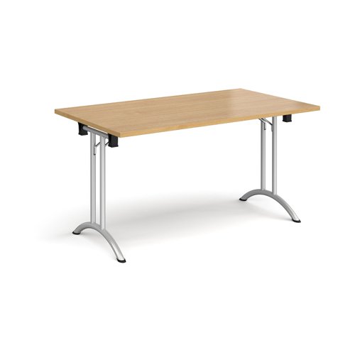 Rectangular folding leg table with silver legs and curved foot rails 1400mm x 800mm - oak