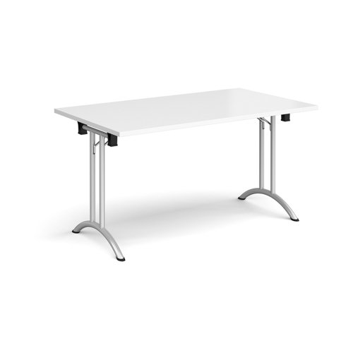 Rectangular folding leg table with silver legs and curved foot rails 1400mm x 800mm - white