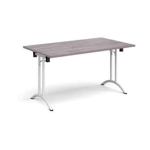 Rectangular folding leg table with white legs and curved foot rails 1400mm x 800mm - grey oak