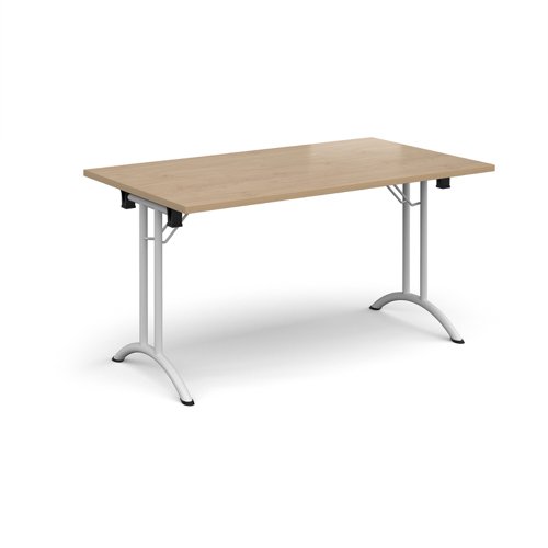 Rectangular folding leg table with white legs and curved foot rails 1400mm x 800mm - Kendal Oak