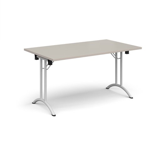 Rectangular folding leg table with white legs and curved foot rails 1400mm x 800mm - Light Grey