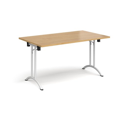 CFL1400-WH-O Rectangular folding leg table with white legs and curved foot rails 1400mm x 800mm - oak