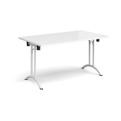 Rectangular folding leg table with white legs and curved foot rails 1400mm x 800mm - white CFL1400-WH-WH Buy online at Office 5Star or contact us Tel 01594 810081 for assistance