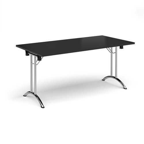 Rectangular folding leg table with chrome legs and curved foot rails 1600mm x 800mm - Black