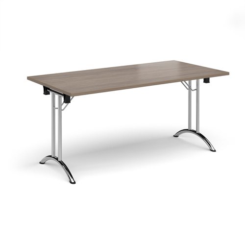 Rectangular folding leg table with chrome legs and curved foot rails 1600mm x 800mm - Barcelona Walnut