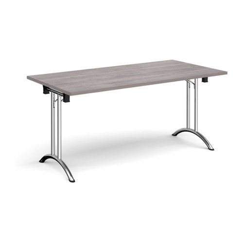 Rectangular folding leg table with chrome legs and curved foot rails 1600mm x 800mm - grey oak CFL1600-C-GO Buy online at Office 5Star or contact us Tel 01594 810081 for assistance