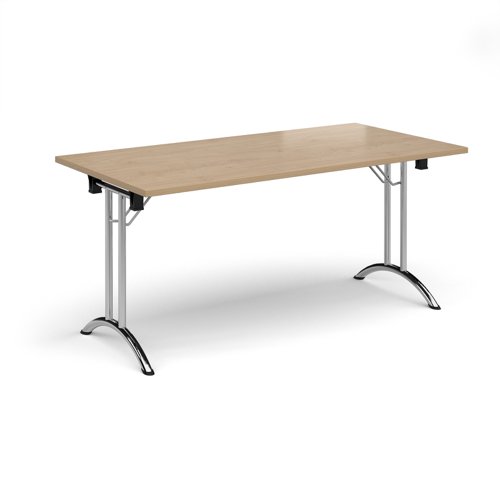 Rectangular folding leg table with chrome legs and curved foot rails 1600mm x 800mm - Kendal Oak