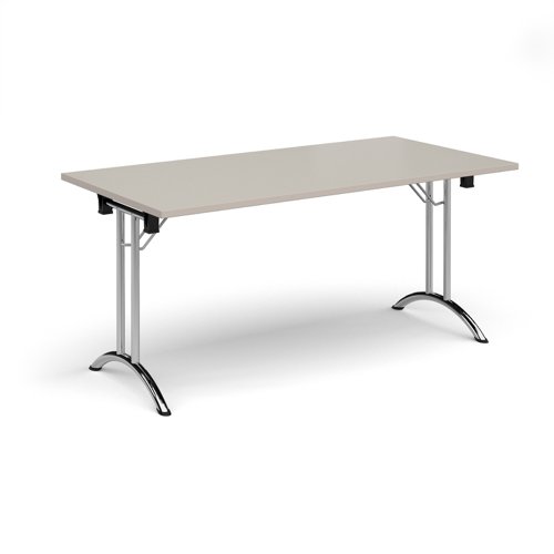 Rectangular folding leg table with chrome legs and curved foot rails 1600mm x 800mm - Light Grey