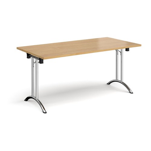 Rectangular folding leg table with chrome legs and curved foot rails 1600mm x 800mm - oak