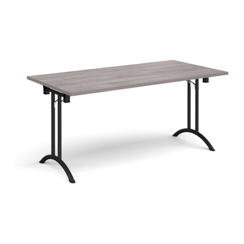 Rectangular folding leg table with black legs and curved foot rails 1600mm x 800mm - grey oak