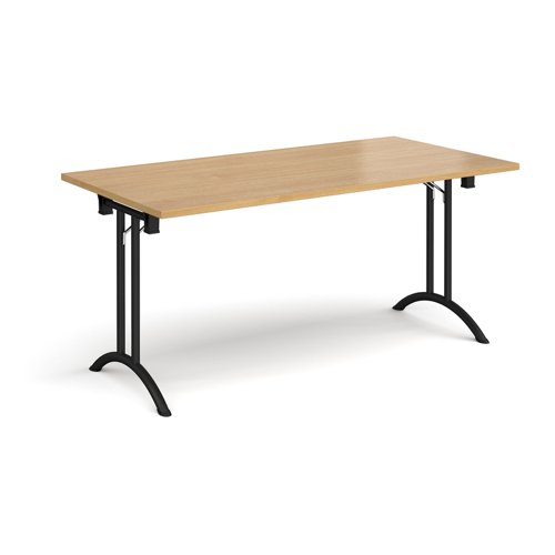 Rectangular folding leg table with black legs and curved foot rails 1600mm x 800mm - oak