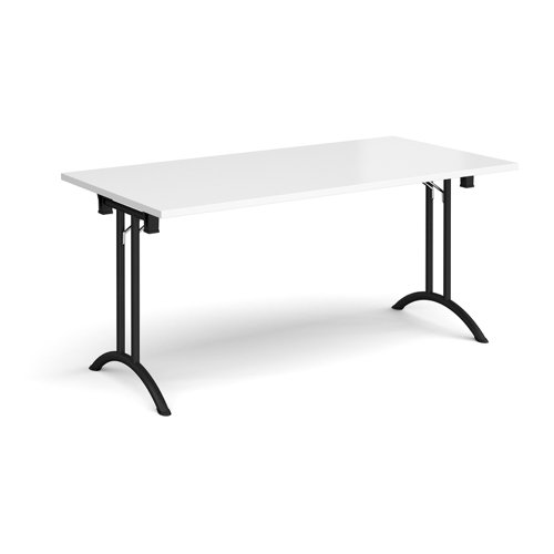 Rectangular folding leg table with black legs and curved foot rails 1600mm x 800mm - white