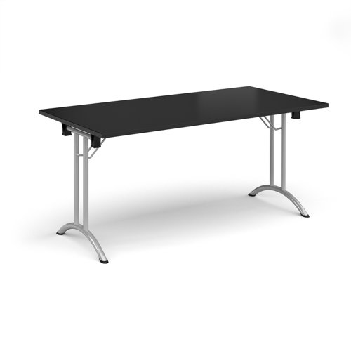 Rectangular folding leg table with silver legs and curved foot rails 1600mm x 800mm - Black