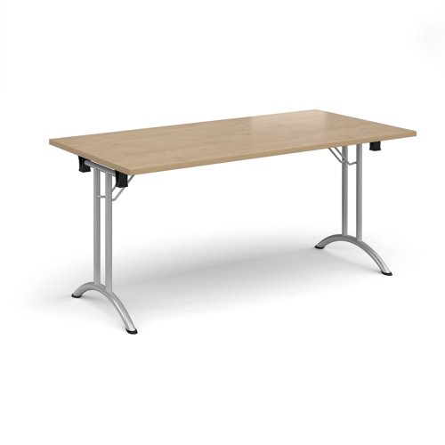 Rectangular folding leg table with silver legs and curved foot rails 1600mm x 800mm - Kendal Oak