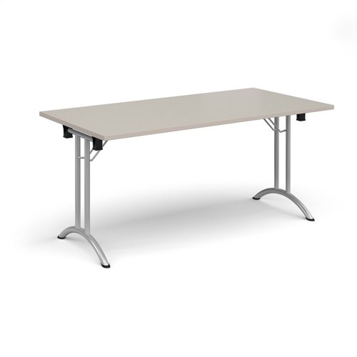 Rectangular folding leg table with silver legs and curved foot rails 1600mm x 800mm - Light Grey