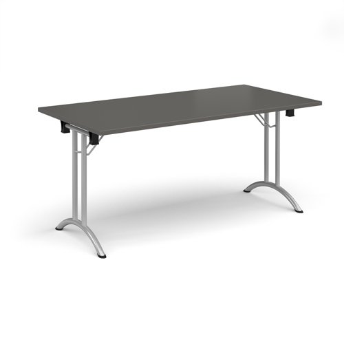 Rectangular folding leg table with silver legs and curved foot rails 1600mm x 800mm - Onyx Grey