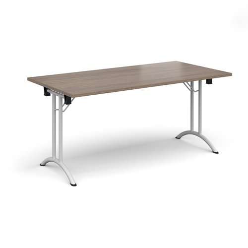 Rectangular folding leg table with white legs and curved foot rails 1600mm x 800mm - Barcelona Walnut