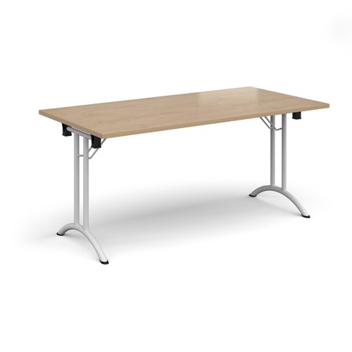 Rectangular folding leg table with white legs and curved foot rails 1600mm x 800mm - Kendal Oak