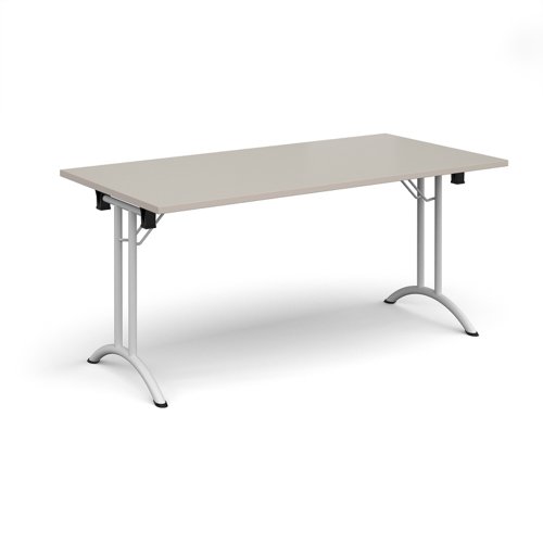 Rectangular folding leg table with white legs and curved foot rails 1600mm x 800mm - Light Grey