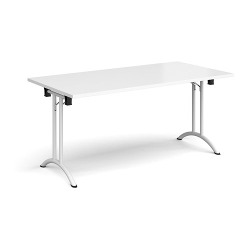 Rectangular folding leg table with white legs and curved foot rails 1600mm x 800mm - white