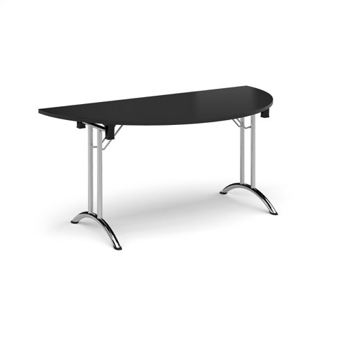 Semi circular folding leg table with chrome legs and curved foot rails 1600mm x 800mm - Black