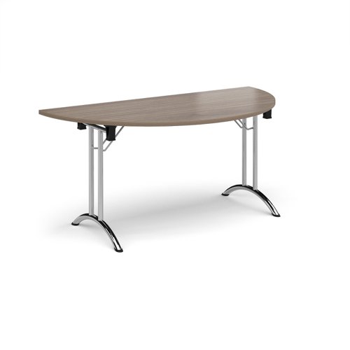 Semi circular folding leg table with chrome legs and curved foot rails 1600mm x 800mm - Barcelona Walnut