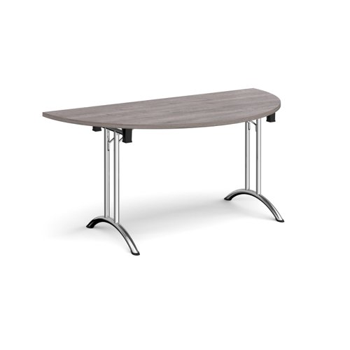 Semi circular folding leg table with chrome legs and curved foot rails 1600mm x 800mm - grey oak