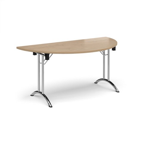 Semi circular folding leg table with chrome legs and curved foot rails 1600mm x 800mm - Kendal Oak