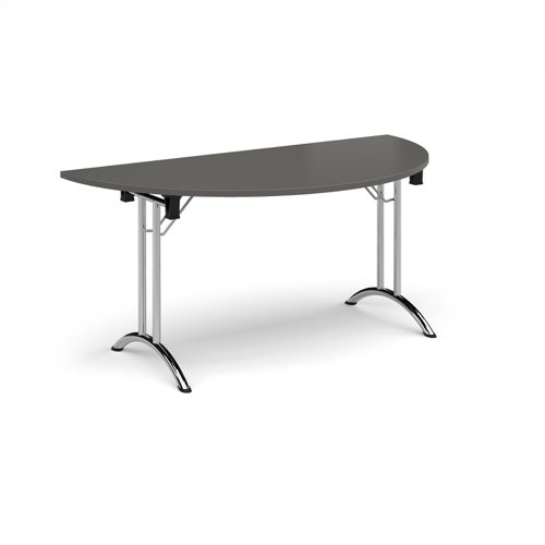 Semi circular folding leg table with chrome legs and curved foot rails 1600mm x 800mm - Onyx Grey