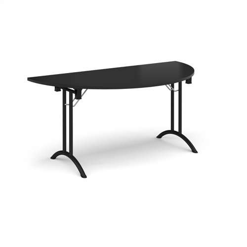 Semi circular folding leg table with black legs and curved foot rails 1600mm x 800mm - Black