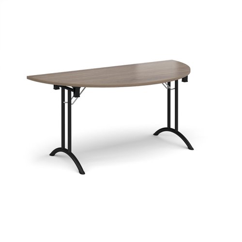 Semi circular folding leg table with black legs and curved foot rails 1600mm x 800mm - Barcelona Walnut