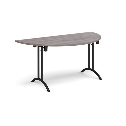 Semi circular folding leg table with black legs and curved foot rails 1600mm x 800mm - grey oak Meeting Tables CFL1600S-K-GO