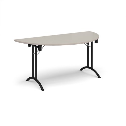 Semi circular folding leg table with black legs and curved foot rails 1600mm x 800mm - Light Grey