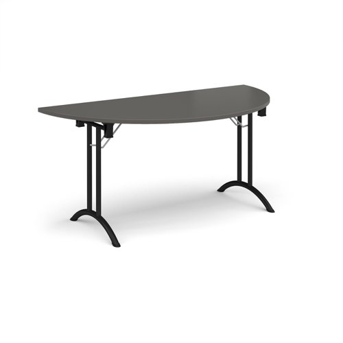 Semi circular folding leg table with black legs and curved foot rails 1600mm x 800mm - Onyx Grey