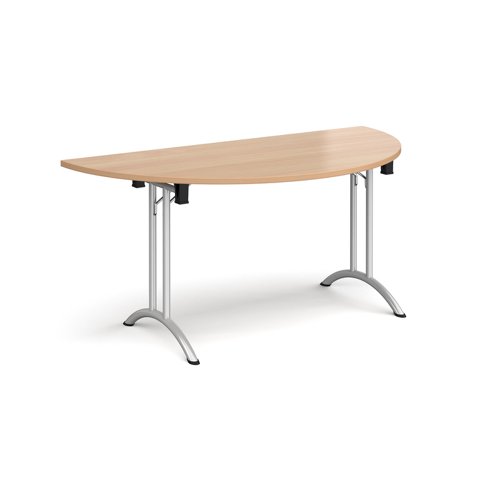 Semi circular folding leg table with silver legs and curved foot rails 1600mm x 800mm - beech CFL1600S-S-B Buy online at Office 5Star or contact us Tel 01594 810081 for assistance