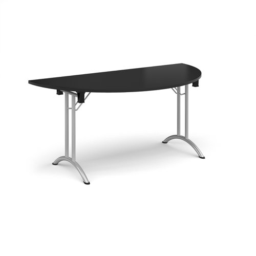 Semi circular folding leg table with silver legs and curved foot rails 1600mm x 800mm - Black